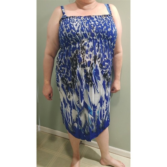 NWT Blue Gray & White Mottled Stretch Gathered Bust Midi Dress Sundress L #16 - Picture 2 of 4